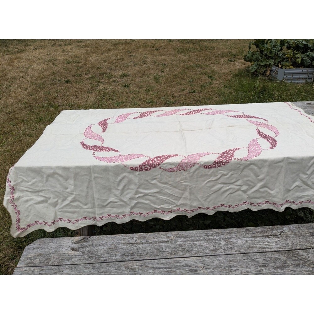Vintage EMBROIDERED Rectangular Tablecloth Beige With Pink Floral + 6 Napkins